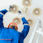 a men cleaning a chandelier
